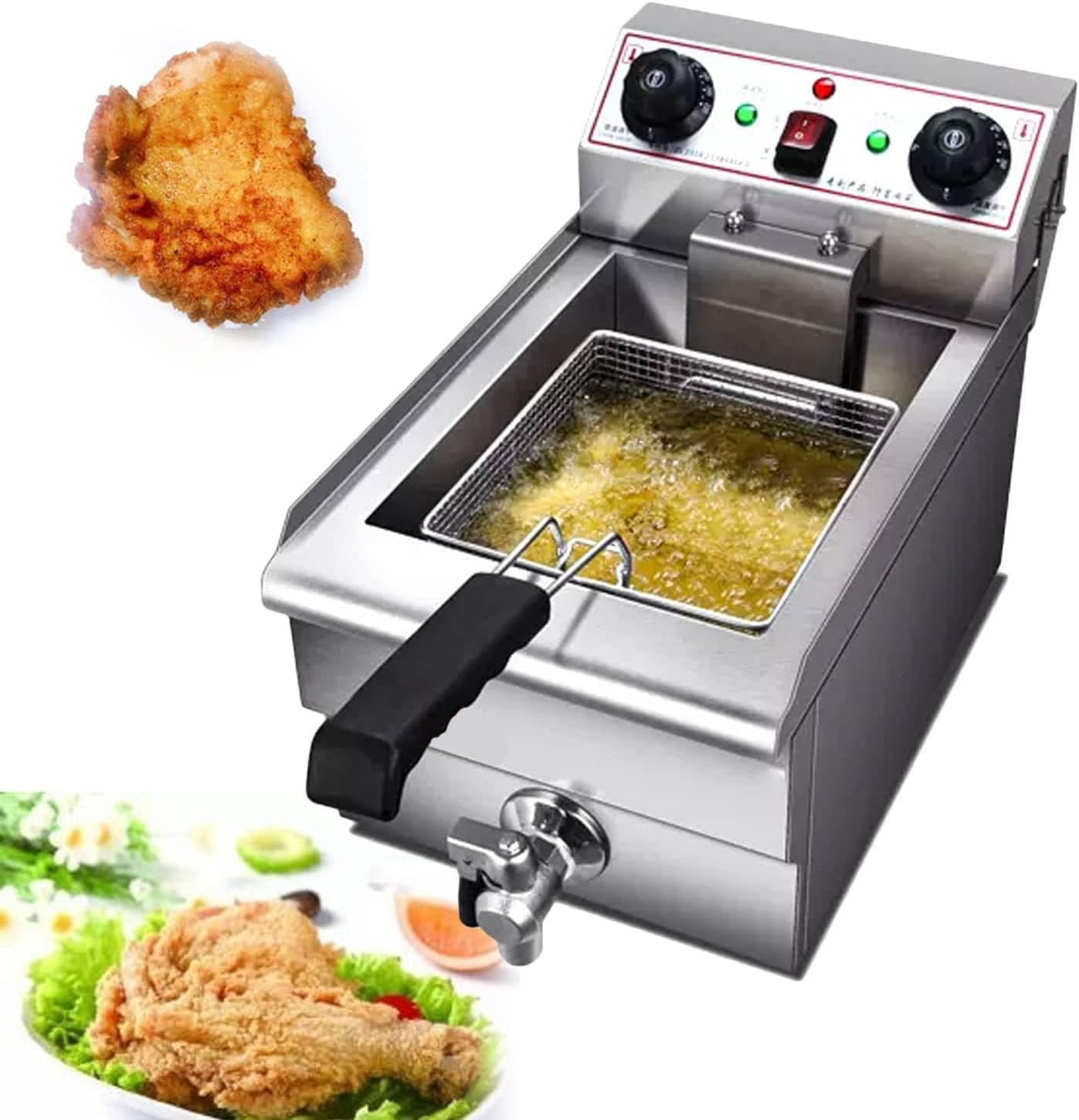 Friggitrice per grassi, friggitrice per trucioli in acciaio inossidabile con coperchi e cestello per l'olio, controllo della temperatura con coperchio in argento e rubinetto di drenaggio (13l )
