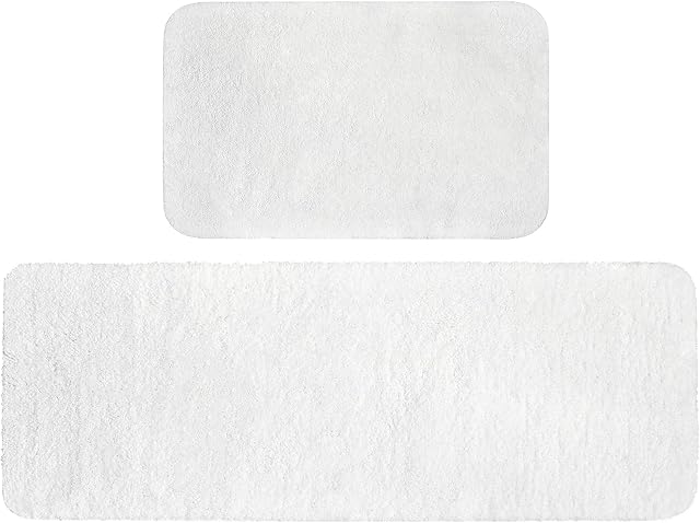 MIULEE Absorbent Bath Mat Set 2 Pieces Non Slip Bath Rug 40x60cm and 45x120cm with High Hydroscopicity Rugs Super Soft Cozy and Shaggy Microfiber Rug for Bathroom Bedroom Kitchen Entrance White