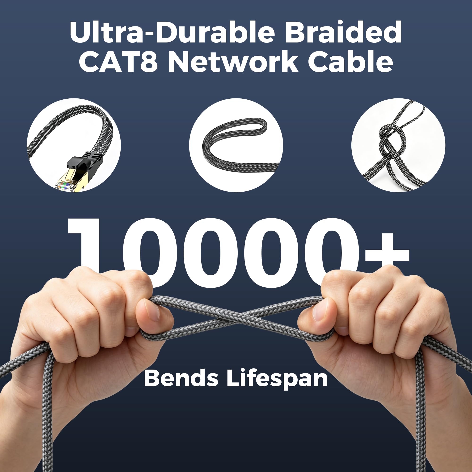 Cavo Ethernet CAT8, 50 m, 40 Gbps, 2000 MHz, cavo di rete piatto ad alta velocità, in nylon intrecciato, schermato, cavo LAN RJ45, per interni, compatibile con PS5/Xbox/router/PC, switch, modem, Smart