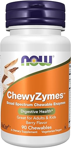 Suplementos NOW ChewyZymes, enzimas masticables de amplio espectro, sabor a bayas, 90 masticables (paquete de 2)