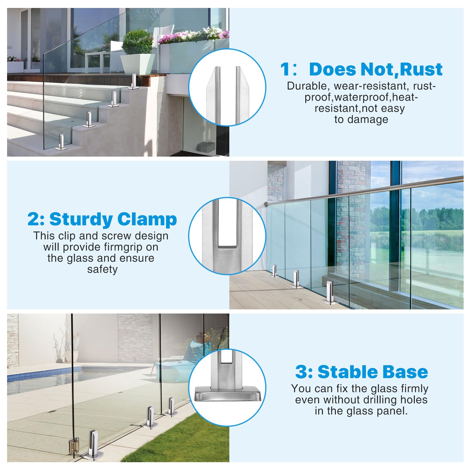 4 Pezzi Morsetto per Vetro in Acciaio Inox, Ringhiera per Piscina Vetro, per Vetro da 8-12 mm/0,3-0,5" di Spessore, Recinzioni in Vetro da Parete per Casa Scale Piscina Balaustra Balcone Giardino