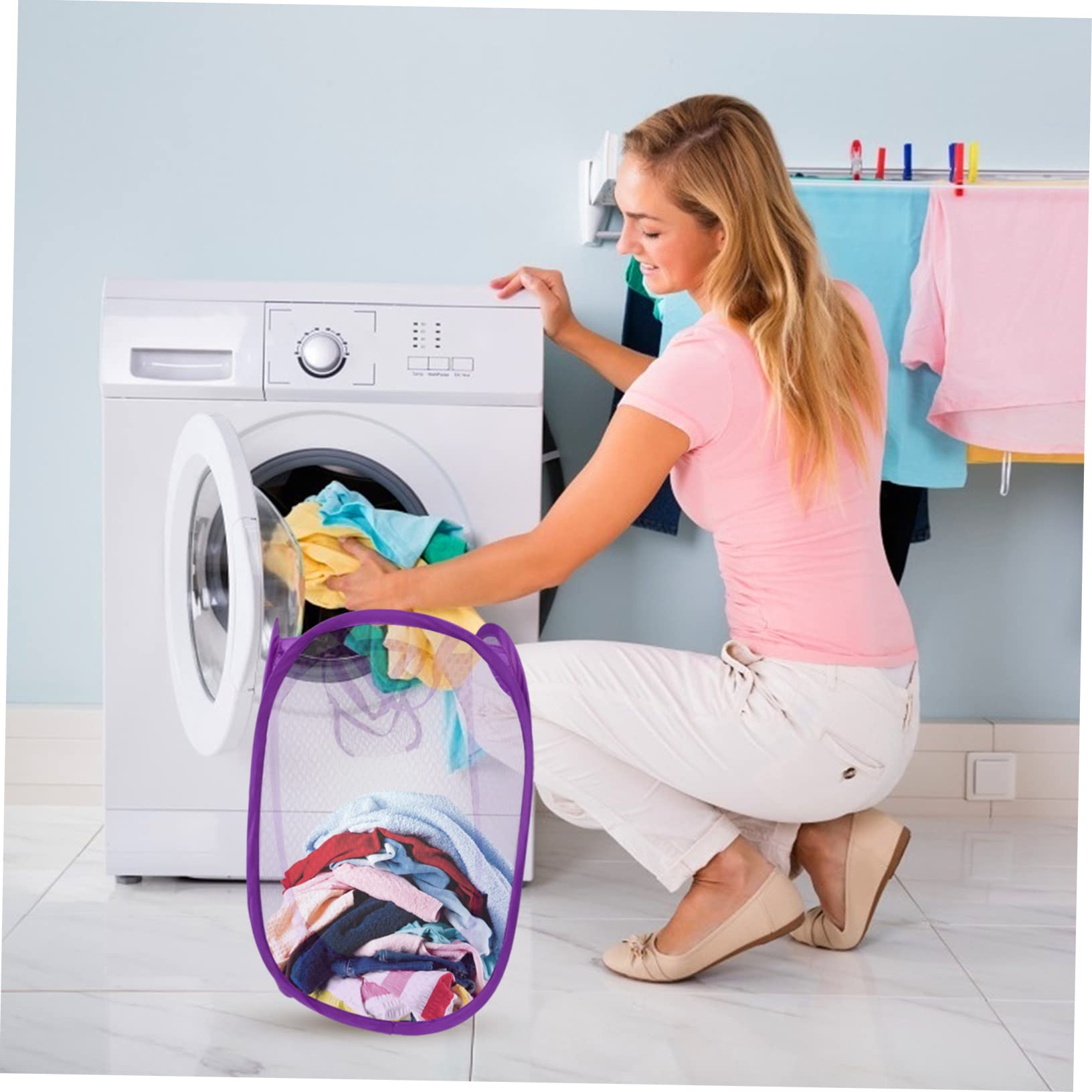 Angoily Pop-up Laundry Hamper Clothes Hamper Collapsible Clothes Hamper for Girls Laundry Hamper Bins Laundry Basket Dorm Popup Laundry Hamper Baskets over Child Purple With Wheels Pocket