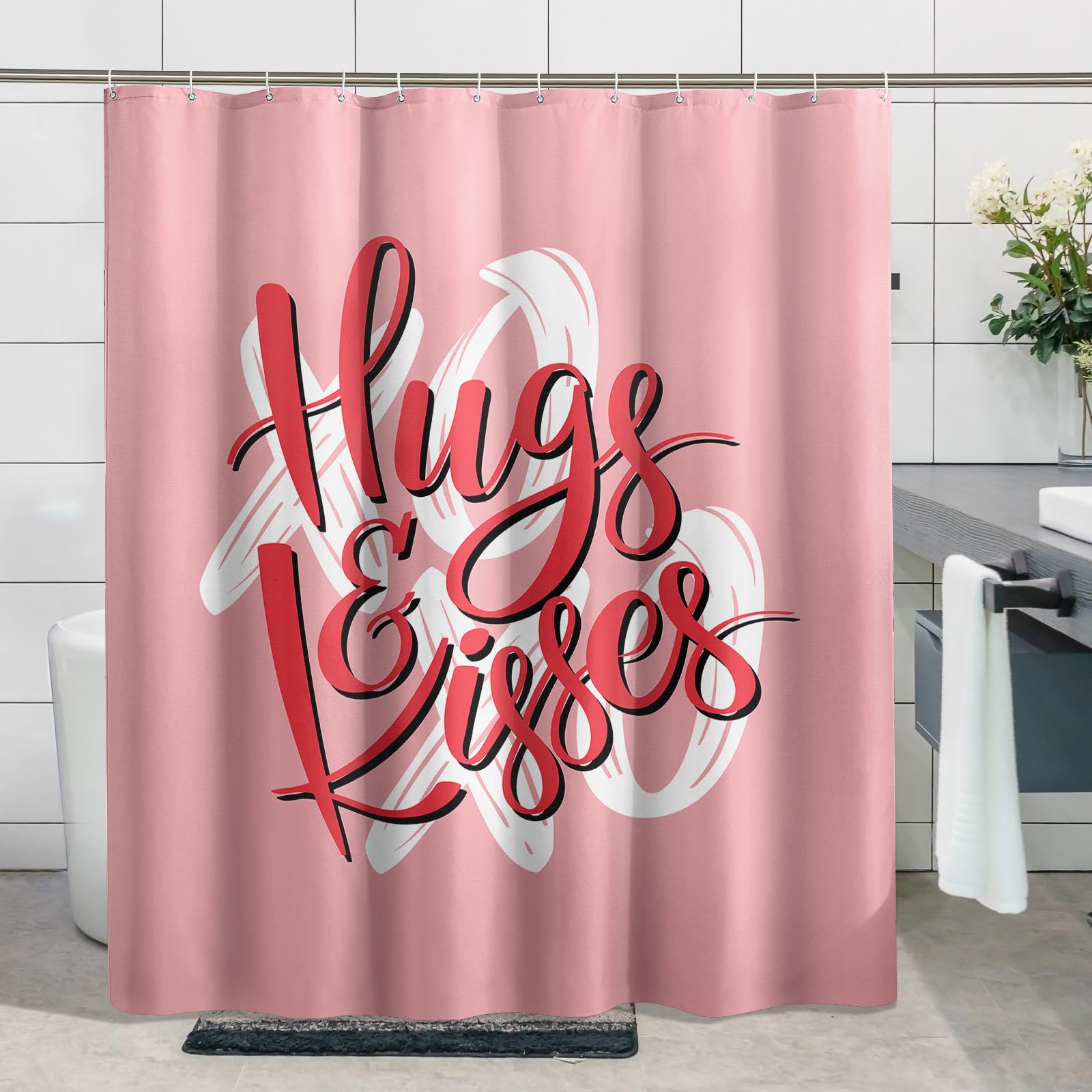 Valentine's Day Shower Curtain Hug and kiss Modern Lettering Love Heart Hand Drawn Pink Polyester Bathroom Decorative Wedding Gifts College Dorm stall Bathtub Shower Curtain with Hooks 62x72inch