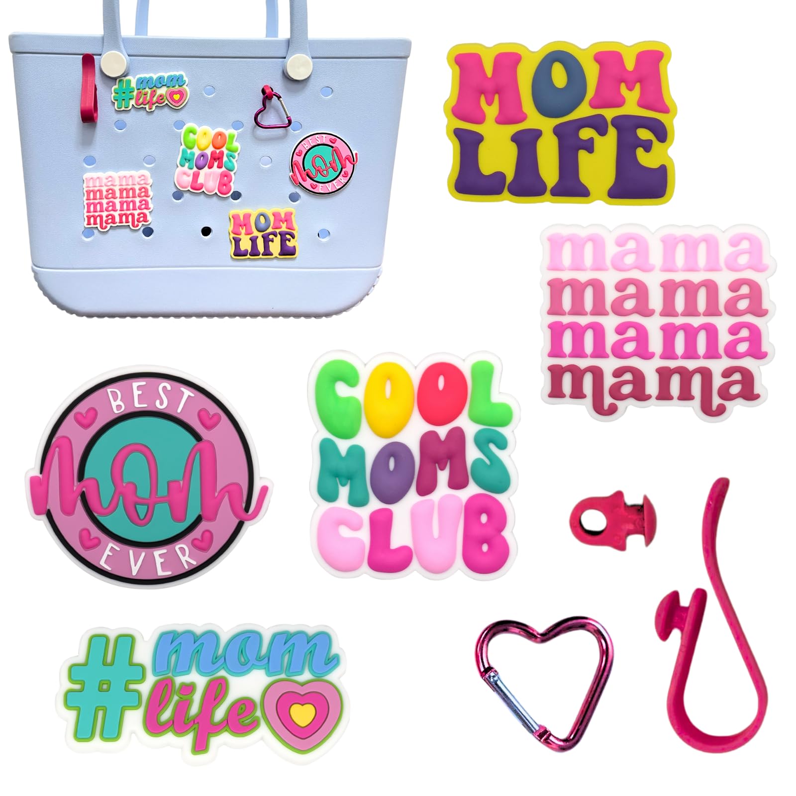 Romukuku 5pcs Momlife Charm for Bogg Bag, Hook Set Bogg Bag Accessories for Beach Tote Bag, Rubber Beach Totes Accessories