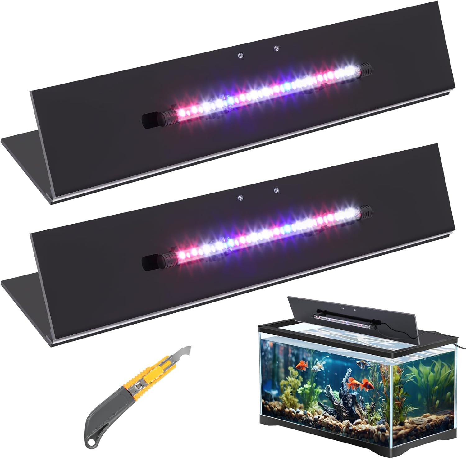 Sieral Aquarium Lids Polycarbonate Canopy with LED Light 2 Pcs Set 22.95 x 11.5 x 0.12 Inch for 33/40/55 Gallon with Center Brace Aquariums Cover Fish Tank Lid with a Hook Knife, Black Black 48 x 13 Inch