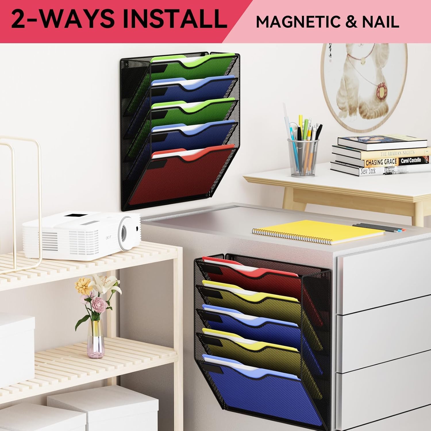 5-Tier Magnetic File Holder, No Drilling Wall File Organizer, File Folder Bins, Mail & Magazine Rack, Magnetic Paper Document Holder for Refrigerator File Cabinets Whiteboard, Black