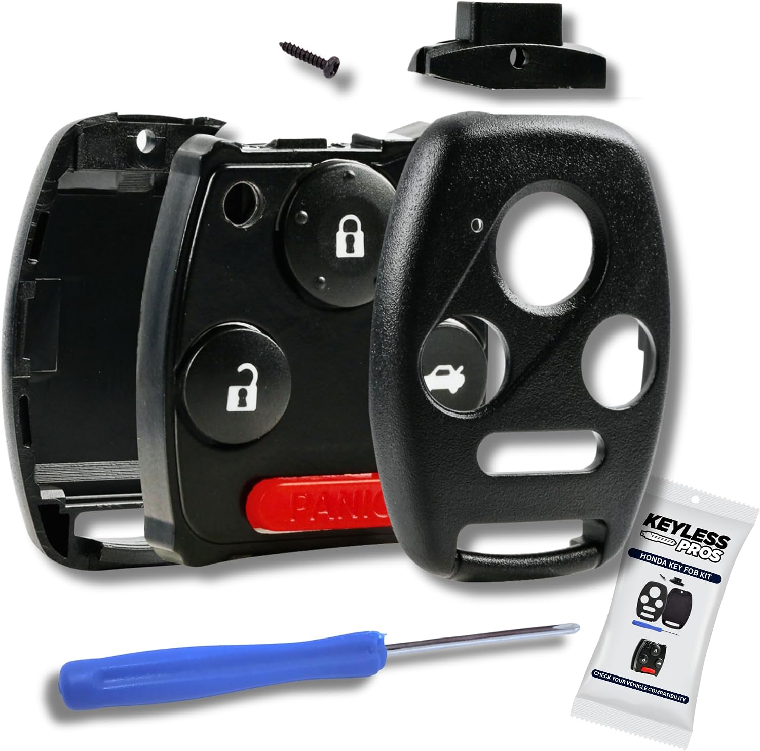 4-Btn Shell Kit & Gut Case, Keyless Entry Remote Key Fob Replacement, fits 2003-2012 Honda Accord, 2006-2013 Civic EX, 2009-2015 Pilot, NO Cutting Required