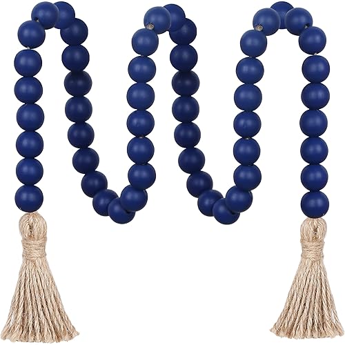 39in Wood Bead Garland Farmhouse with Tassels,Versatile Prayer Beads Boho Chic Wall Hanging Home Decor (Navy Blue)