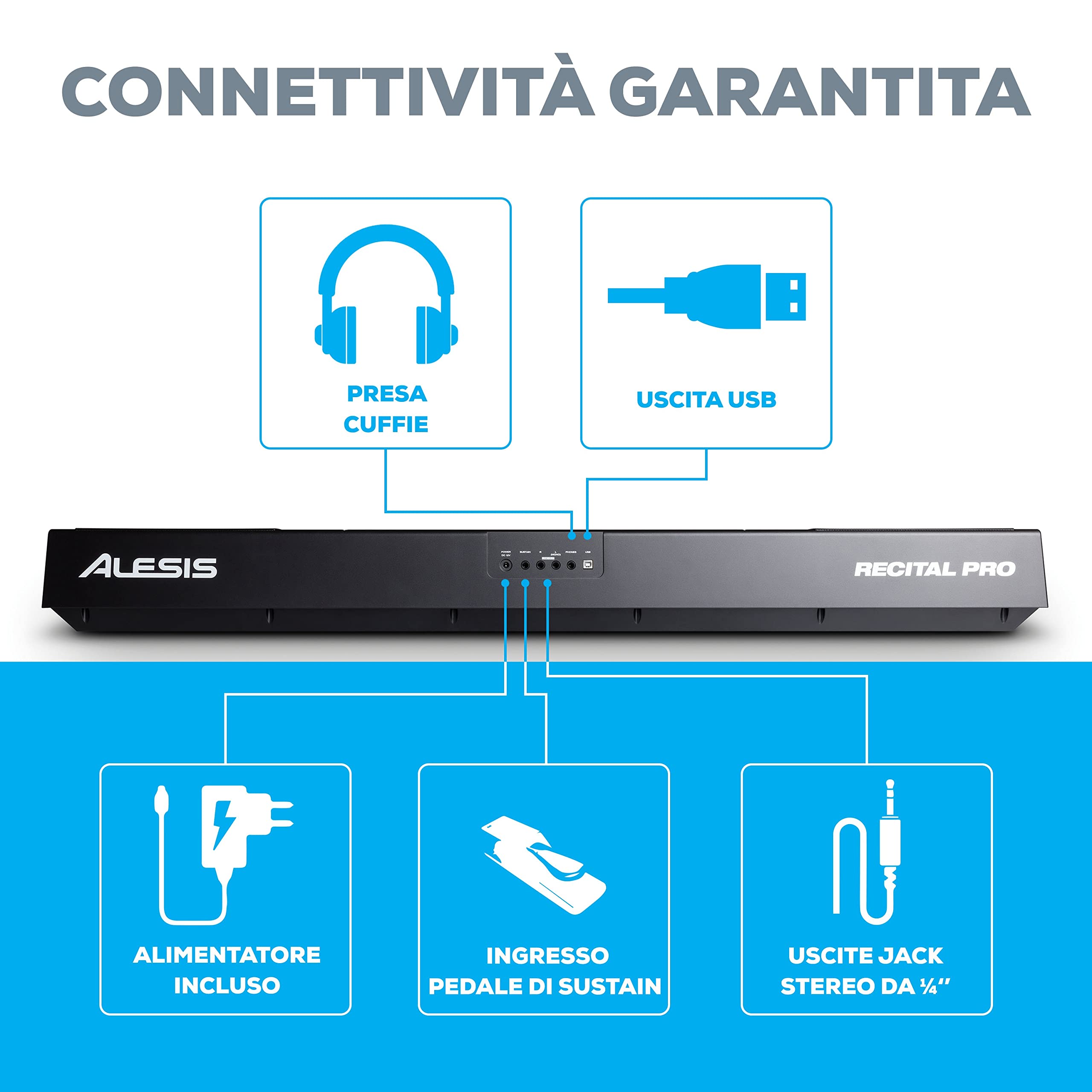 Alesis Recital Pro + M-Audio SP-2 - Pianoforte Digitale con Casse, 12 Suoni, 88 Tasti Pesati, 3 mesi di Lezioni Gratis + Pedale di Sustain Universale