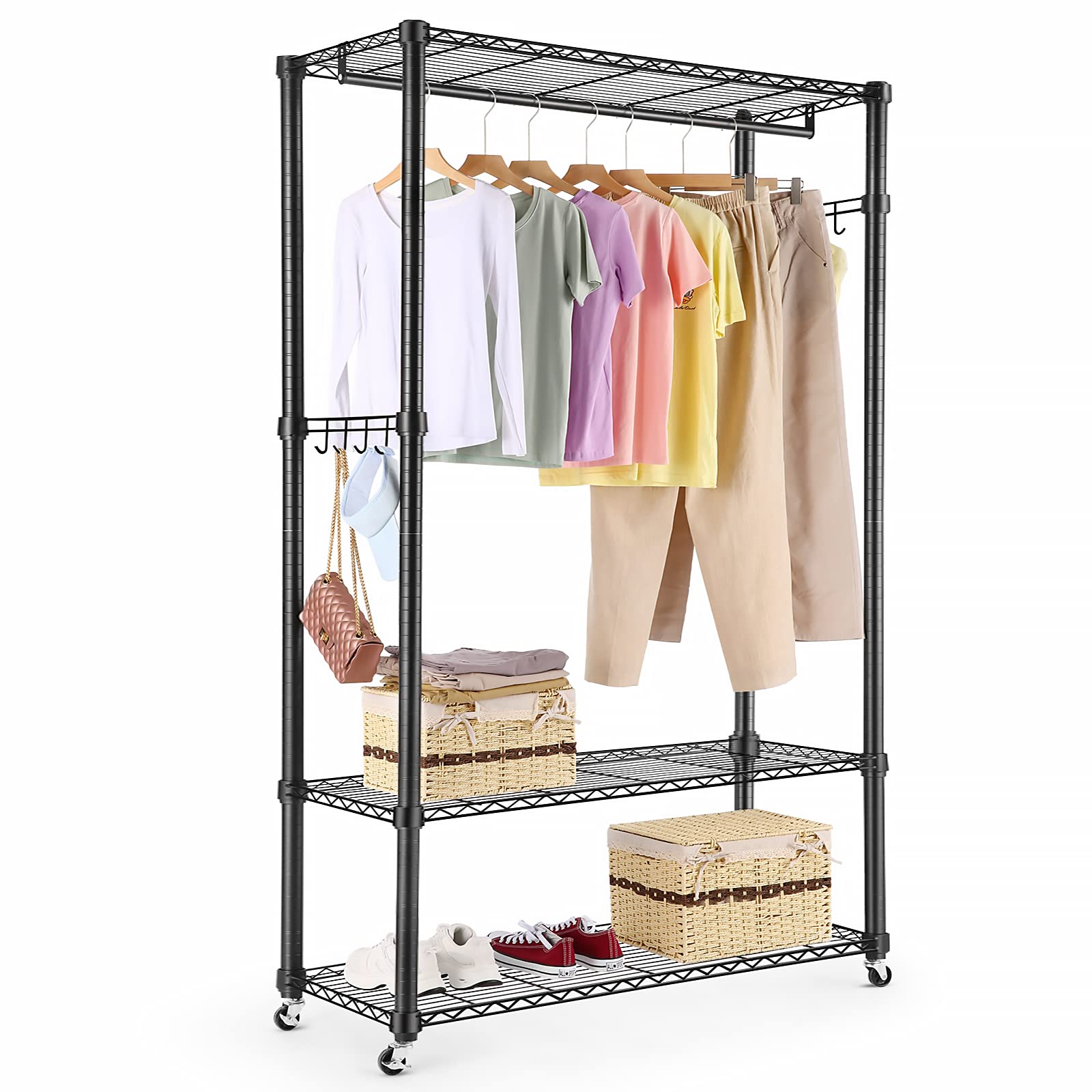 Buy Homdox Garment Rack with 3 Tier Wire Adjustable Shelves, Rolling
