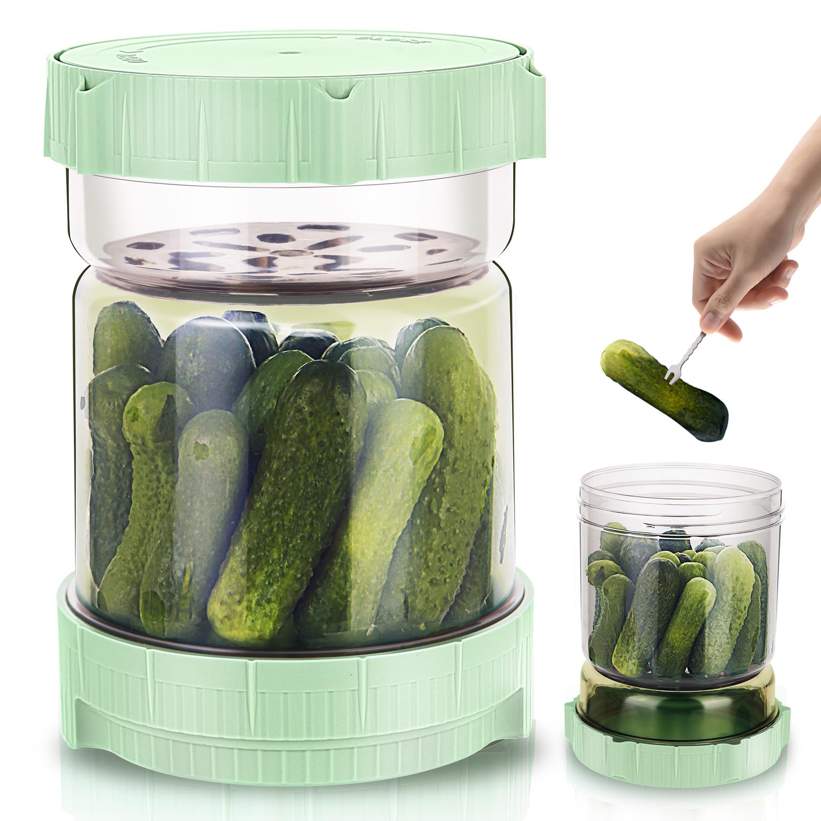 50oz Hourglass Large Pickle Jar with Strainer Flip for Pickle Lovers,Large Capacity Pickle Jar, Cucumber Kimchi Juice Separator,Green