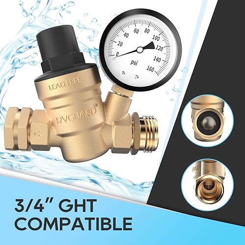 Miniatura 4 de RVGUARD Válvula reguladora de presión de agua para RV, reductor de presión de agua ajustable sin plomo de latón con manómetro y filtro de pantalla