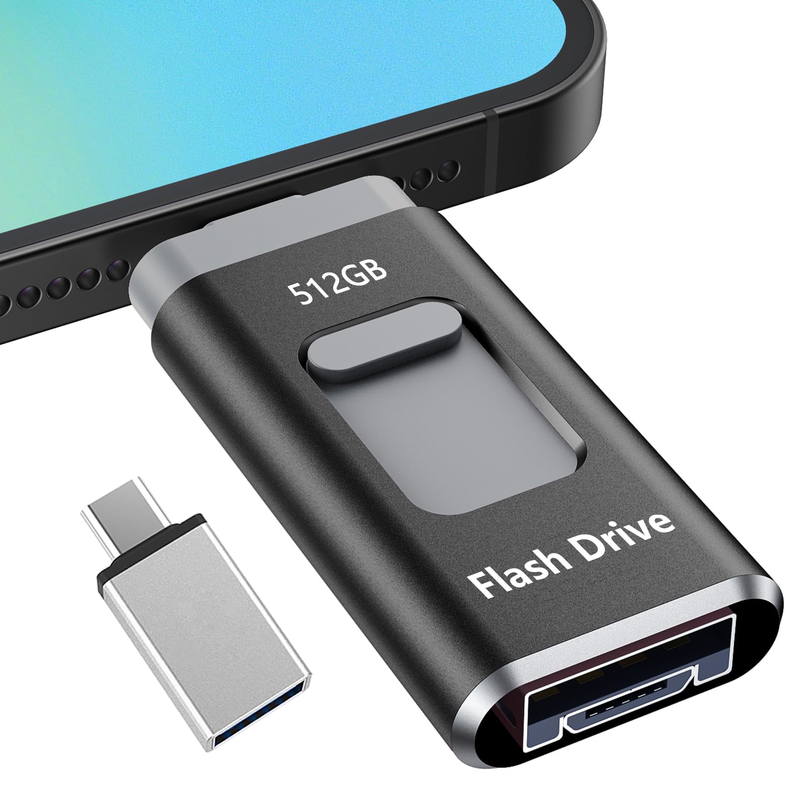 【専用アプリ不要】USBメモリー512GB iPhone 対応 USBメモリ 高速 データ バックアップphone写真データ保存 容量 フラッシュメモリ タイプc USBメモリphone用外付けメモリPhone/Pad/PC/Macbook/Android対応携帯容量不足解消 黒