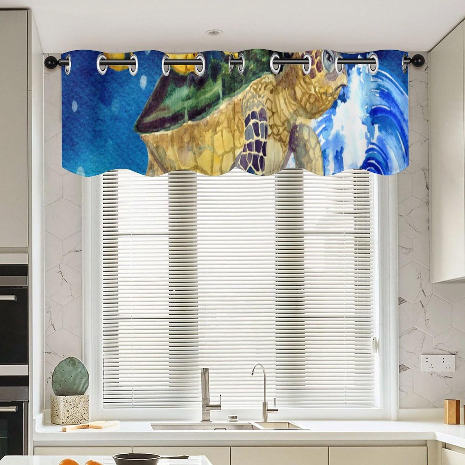 Cortinas de cocina de vida marina con cenefa ajustable para filtrar la luz natural