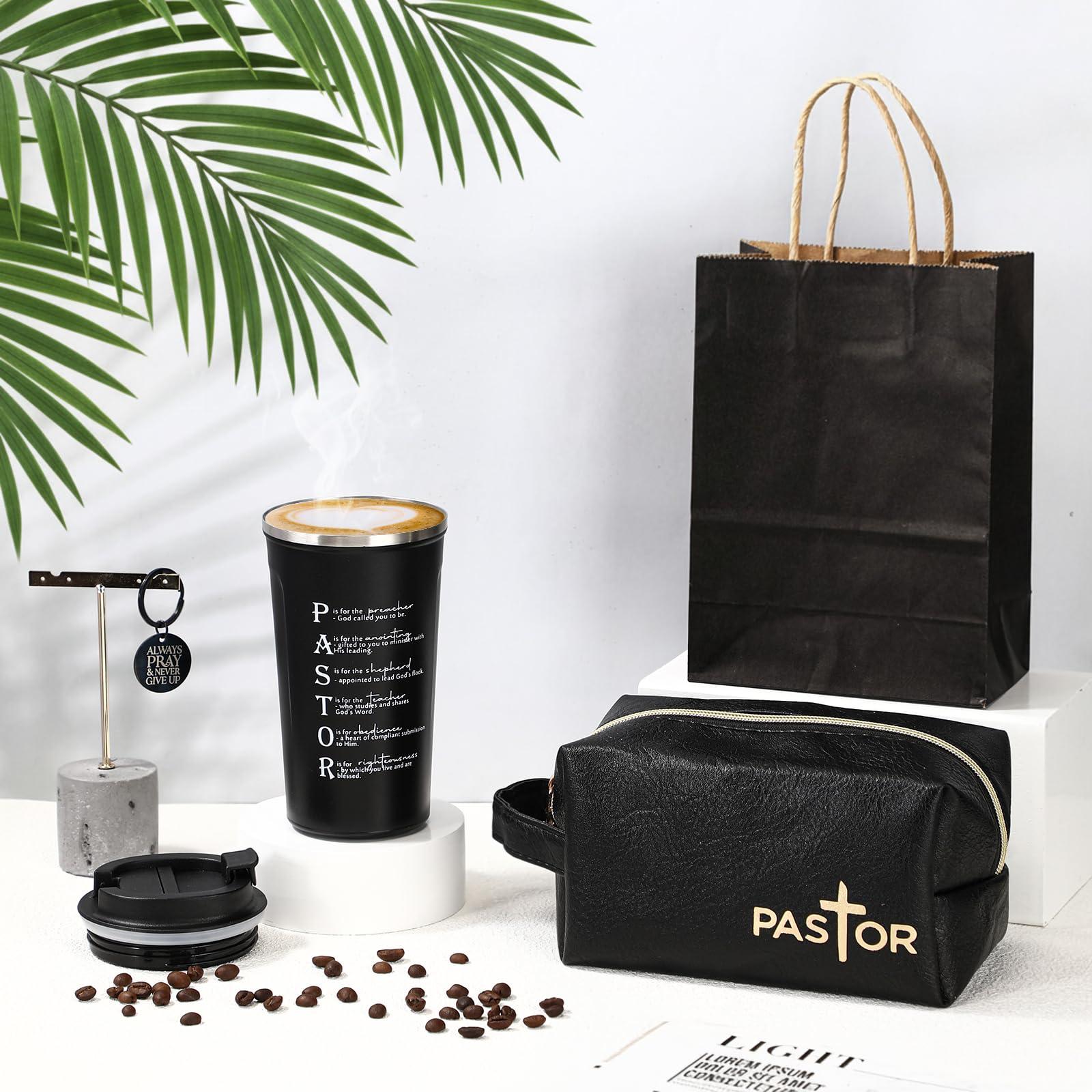 Roshtia 3 Pcs Pastor Appreciation Gift for Men Christian Ordination Gift Ministers Religious Inspirational 17oz Stainless Steel Tumbler with Lid Leather Toiletry Bag Keychain for Fathers Dad Husband