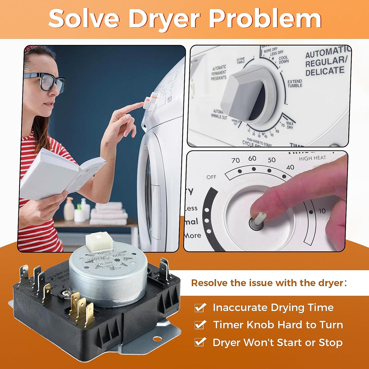 W10185982 Dryer Timer Compatible with Whirlpool, Maytag, Kenmore, Crosley, Replace 418-618-20-b5 AP6016541,PS11749831,WPW10185982,WPW10185982VP (230V 60Hz)