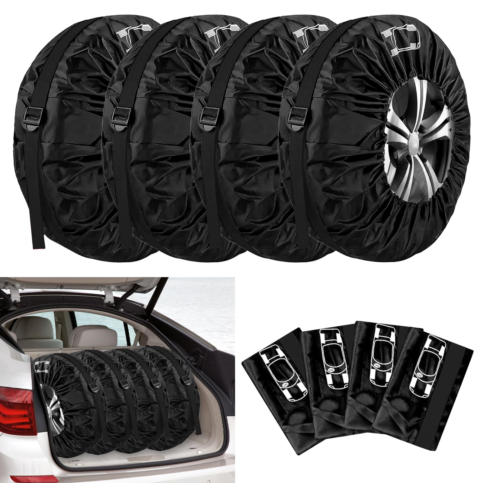 4 Stück Reifentüten Set, wasserdichte und Staubdichte Reifentaschen, 19-22 Zoll Reifentasche Geeignet für Winter- und Sommerreifen, zum Reinigen, Transportieren, Lagern von Reifen (Schwarz)
