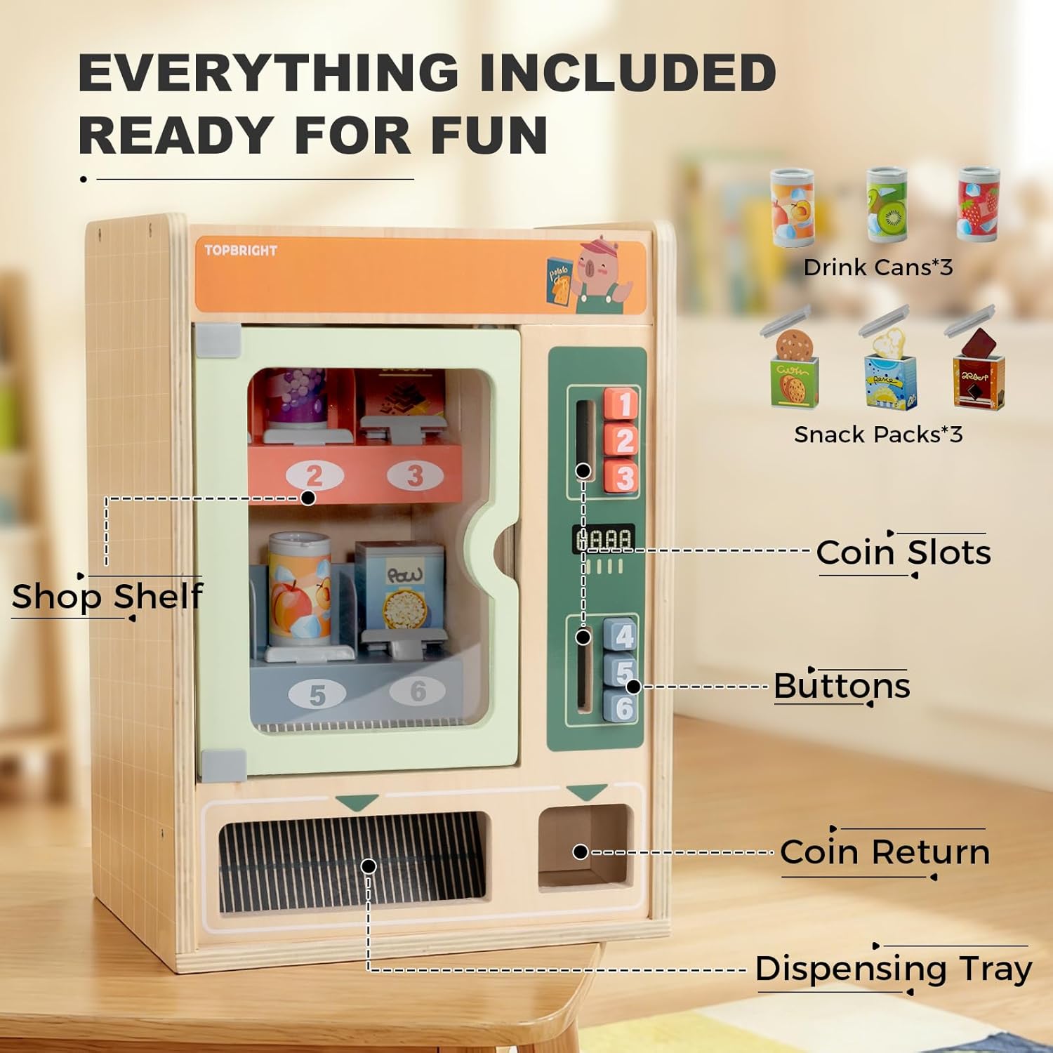 TOPBRIGHT Wooden Vending Machine Play Set for Preschoolers 3+, Kids Pretend Play Toy for Boys and Girls with Snack Bars, Drink Cans & Coins