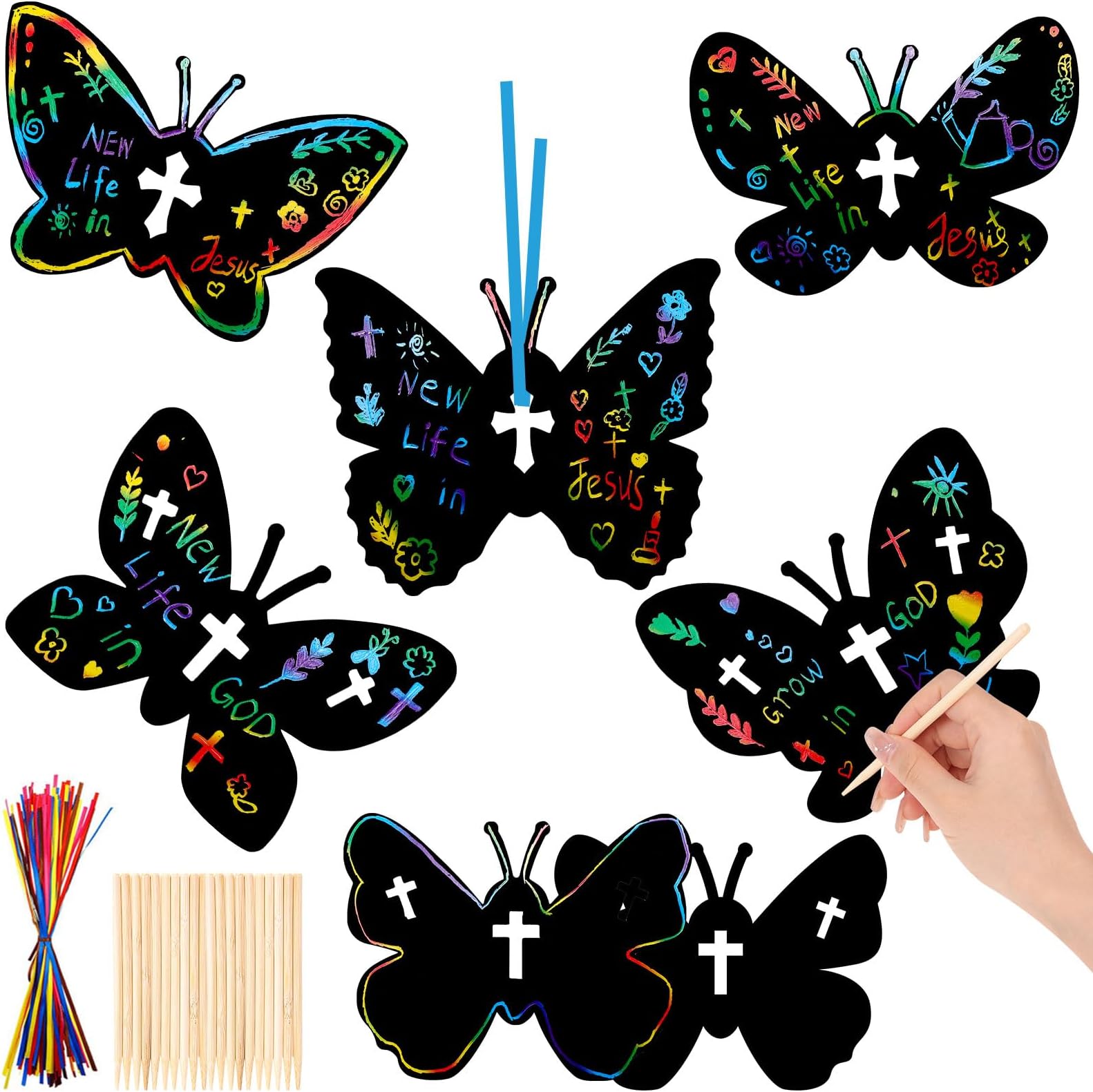 HOWAF 36 Pcs Religion Spring Easter Butterfly Scratch Cards, Cross Butterfly Scratch Art Butterfly Rainbow Scratch Off Hanging Card for Spring Easter Sunday School DIY Crafts Decorations