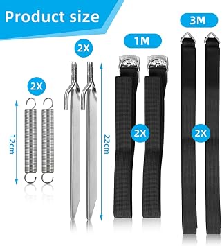 Awning Storm Strap Set, Storm Band Awning Kit Compatible with Thule Omnistor Motorhome, 20cm Ground Anchor, Springs, Storm Tape 3m+1m