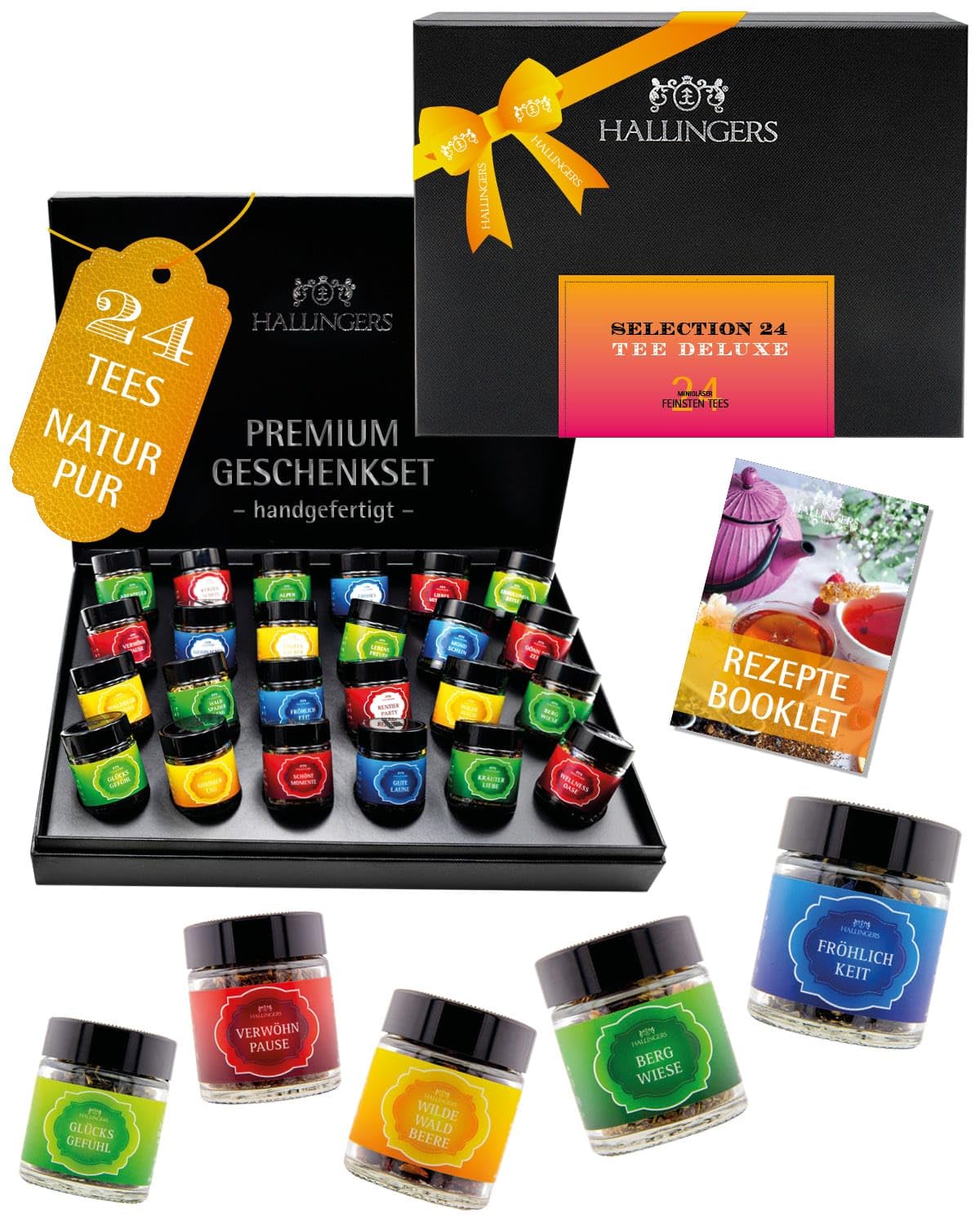 Hallingers Genuss Manufaktur Tee Geschenk-Set - 24 Sorten premium loser Tee Probierset in edler Geschenkbox mit Rezept-Booklet "Tee Deluxe Sele...", Geschenkidee für Frauen Männer