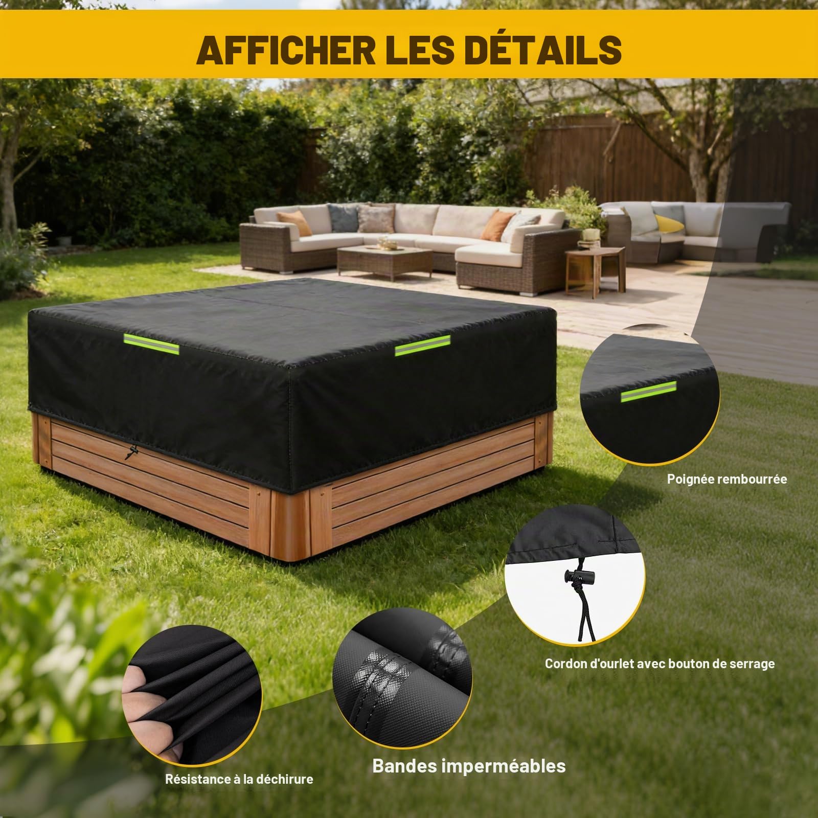 Couverture carrée pour Spa, imperméable et résistante aux intempéries, en Tissu Oxford 600D Housse de Protection pour spas, Ultra-résistante aux déchirures (220 * 220 * 25CM)
