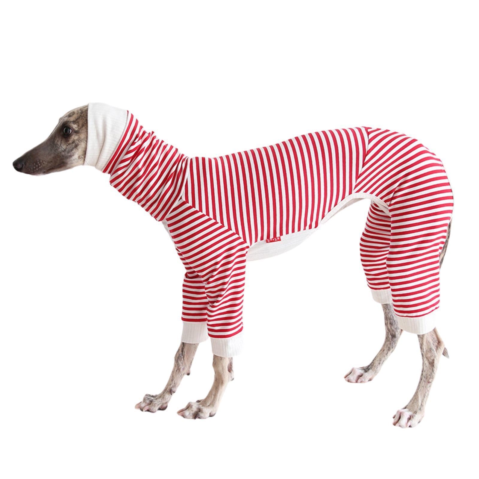 Lightweight Cotton Greyhound Jumper,Whippet Clothes with legs,Turtleneck Dogs Jumpsuit,Dog Pajamas Pjs Pullover for Greyhound Lurcher,Red Stripe_XXL