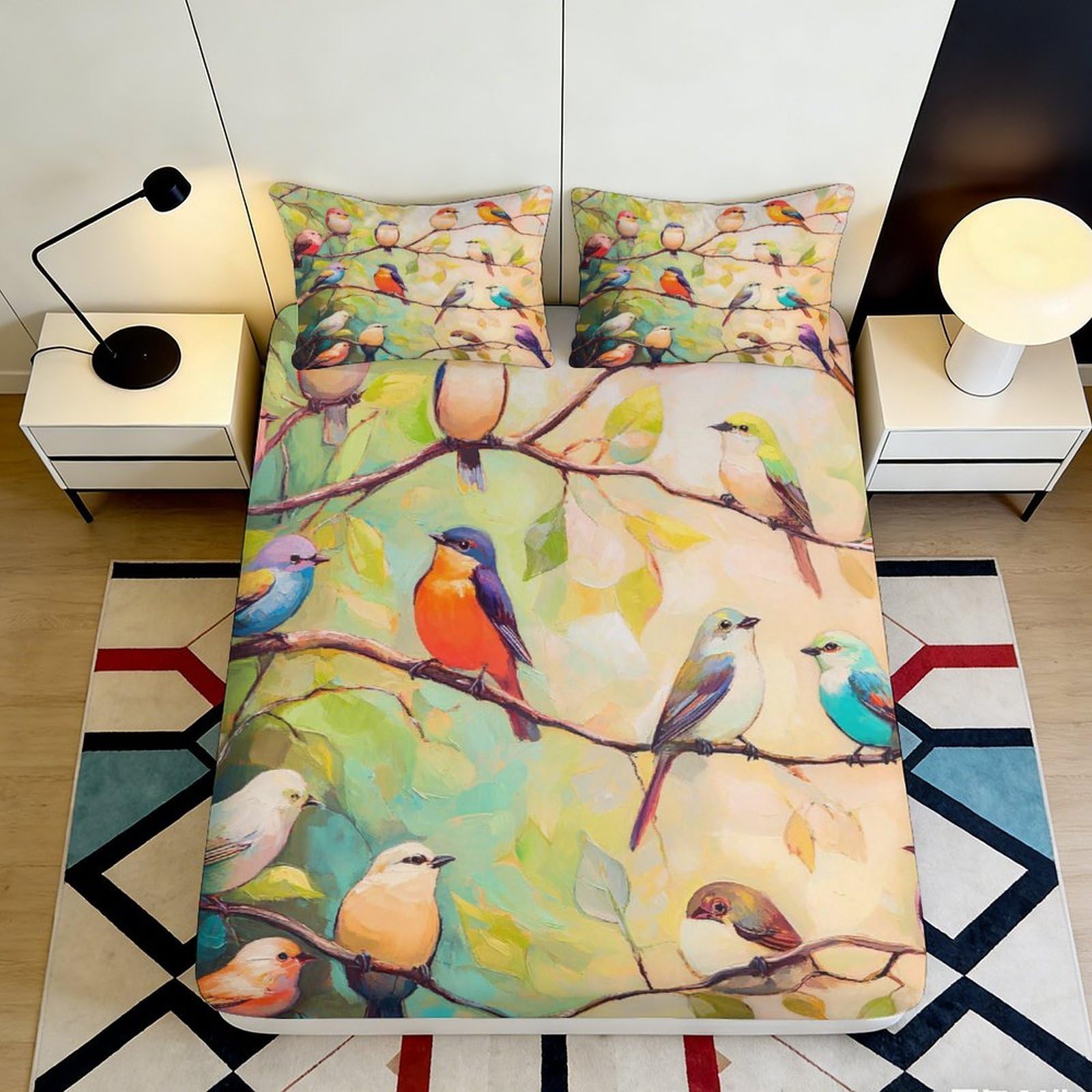 3D Printed Colorful Birds Fitted Sheet Microfiber Soft Bedroom Decor Branches Mattress Cover Dustproof Washable 90x200x25cm