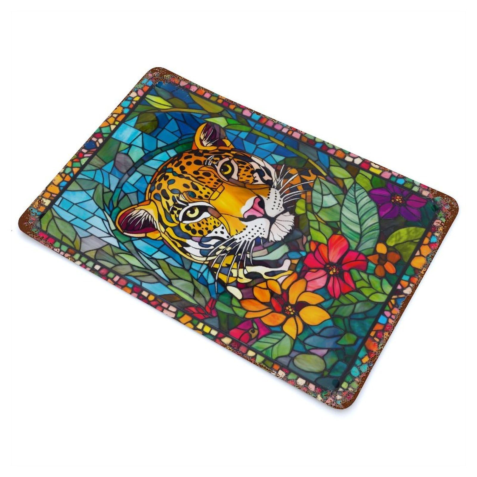 Stained Glass Jaguar Retro Metal Sign 11.8"x7.9", Classic Wall Plaque for Garage, Pub Or Kitchen