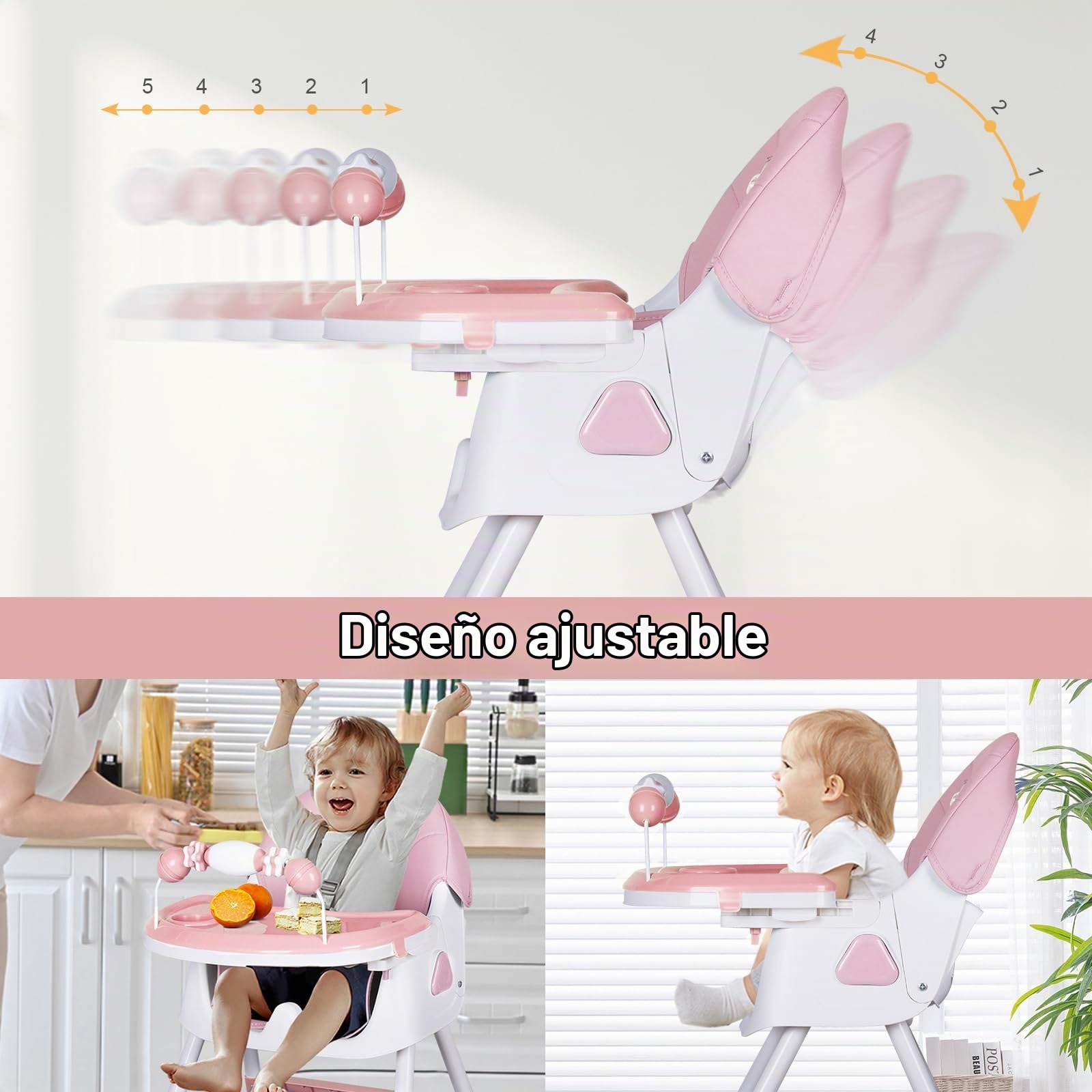 Tronas de Bebé Ajustable Trona Portatil Multifuncional Silla de Comer para Bebé con Plato Desmontable de Cena y Cinturón de Seguridad, 72x60x94CM (rosa)