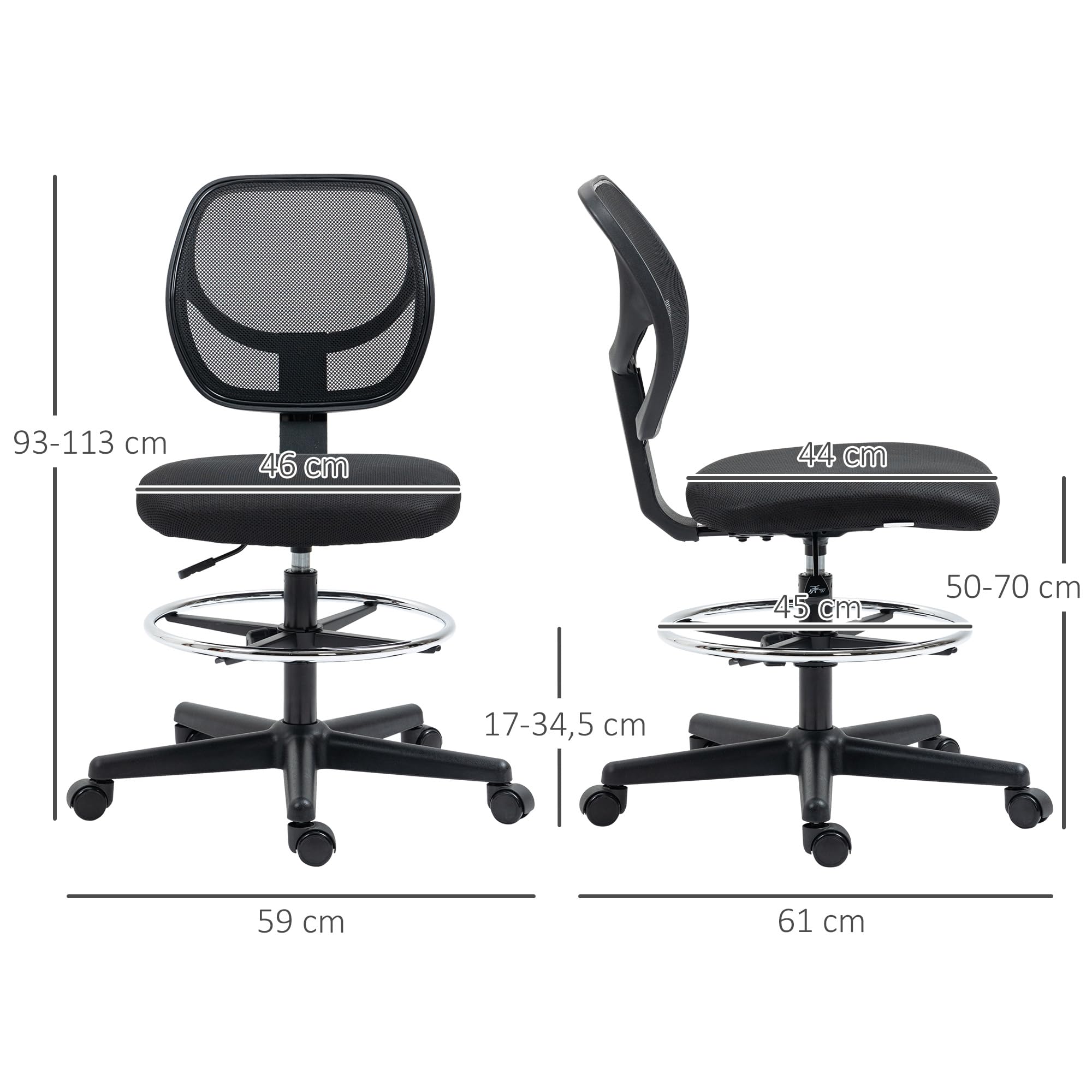 Vinsetto Bürostuhl Ergonomischer Zeichenstuhl Fußring 93-113 cm Schwarz | Verstellbarer Fußring, Höhenverstellbarer Drehstuhl, Schreibtischstuhl mit Rollen, Arbeitsstuhl