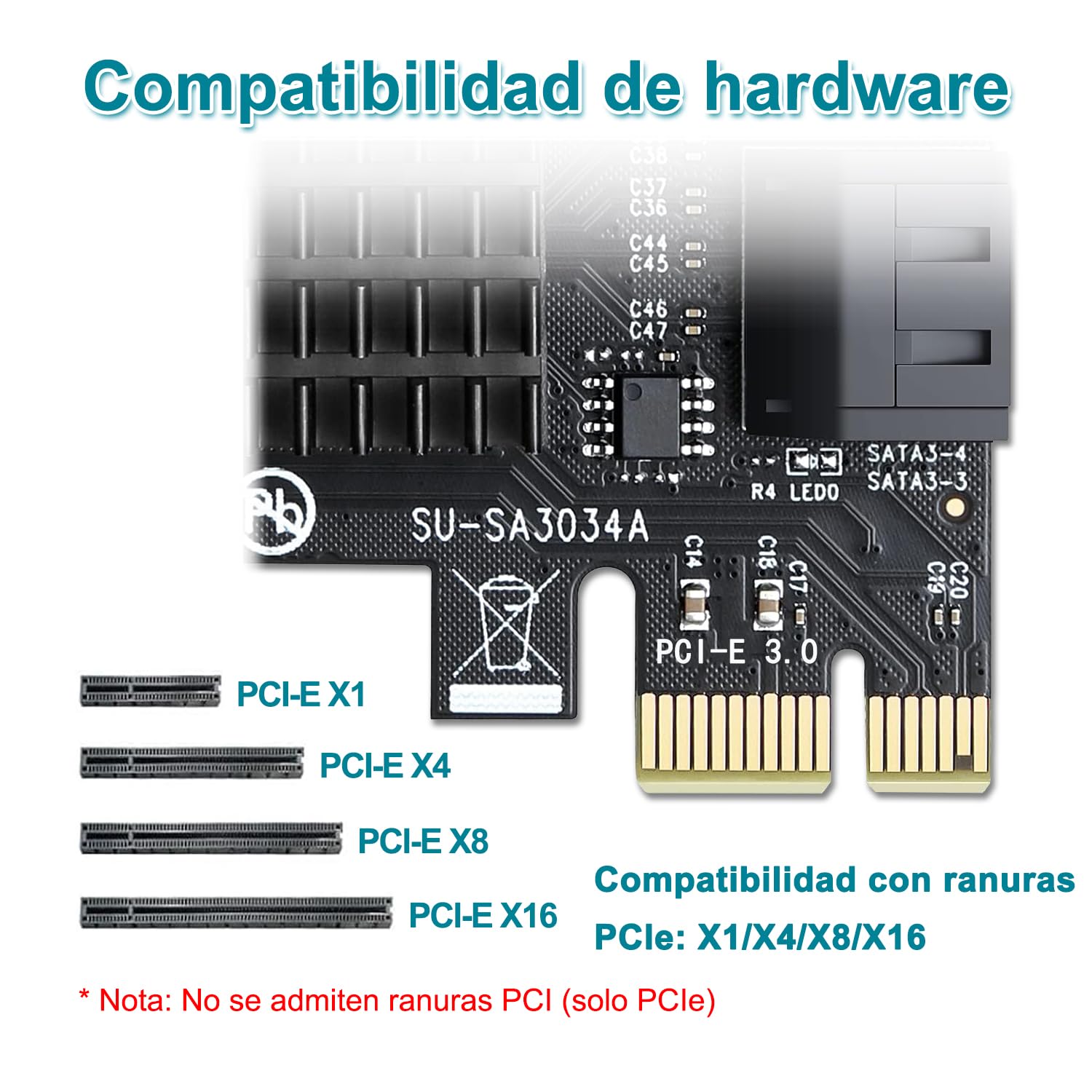 Tarjeta SATA de 4 puertos PCIe 3.0, sin conexión, Bootable - Plug & Play - Añade 4 unidades SATA III de 6 Gbps a tu PC - Chip ASM1064 - Incluye cables y soporte bajo perfil