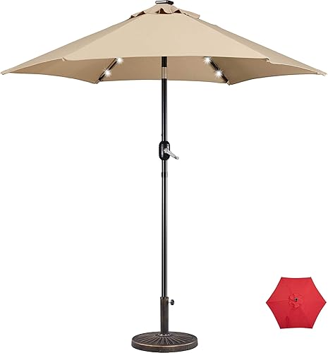 Yaheetech 7.59FT LED Patio Umbrella with Base - Market Solar Powered Outdoor Table Umbrella w 26.5lb Round Umbrella Base All Weather Umbrella Stand
