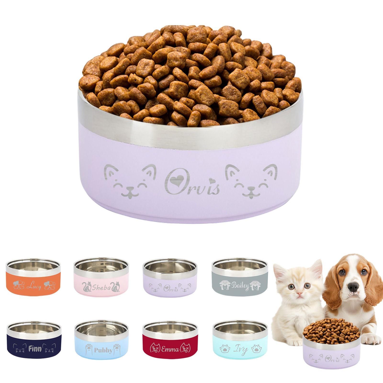 Customized Name Stainless Steel Cat & Dog Pet Bowl, Personalized Engraving Custom Dog Food and Water Bowls, Cute Double-Layer Non-Slip Cat Food Bowl for Customizable Pet Gifts - Purple