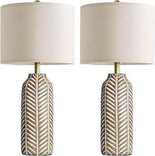 BOBOMOMO 26" Farmhouse Table Lamps Set of 2 - Rustic Vintage Leaf Design Resin Nightstand Lamps with Linen Shades for Bedroom Living Room Antique Brown