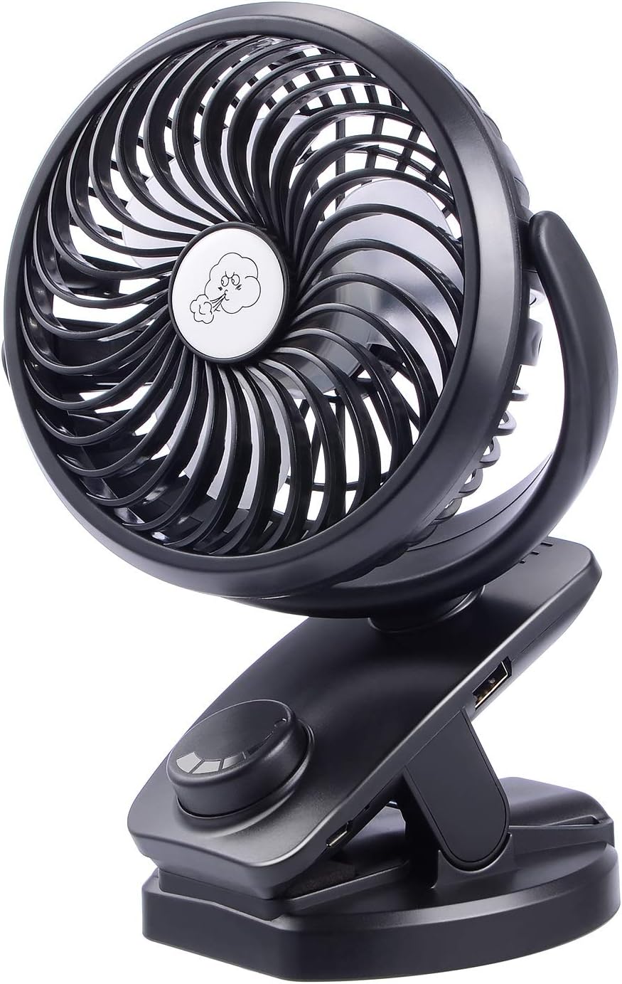 AUSEIN Mini Clip-on Fan 5000mAh Rechargeable Battery Operated USB Desk Fan Portable Personal Fan Small Quiet Stroller Fan for Home, Office, Travel, Camping, Baby Pram, Pushchairs, Buggy, Car (BLACK)