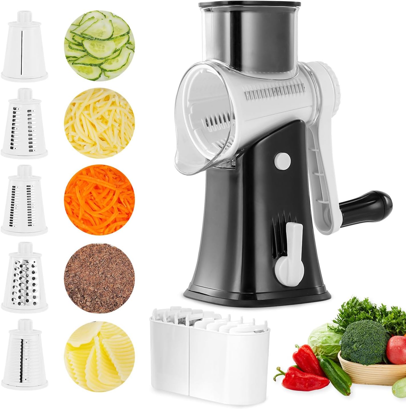 EDEFlSY Cheese Grater, 5-in-1 Kitchen With Handle, Perfect for Fruits Shredder in the Kitchen. Versatile Rotary Vegetables Grater Can Also be Used for Nuts and Chocolate