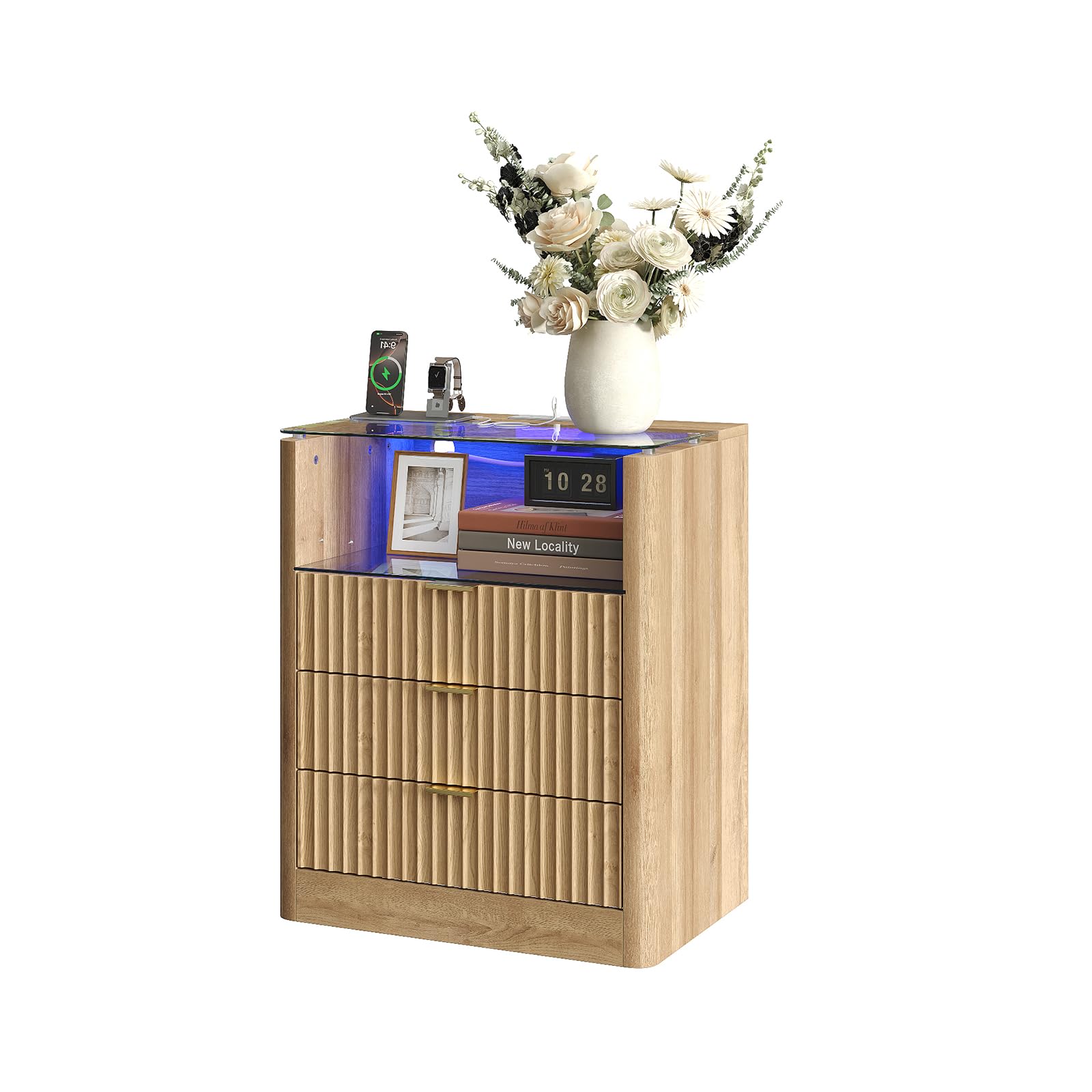 3 drawers night stand with charging station, fluted nightstand with led light, 23''w end table with glass top, modern bedside table for bedroom living room sofa office, oak