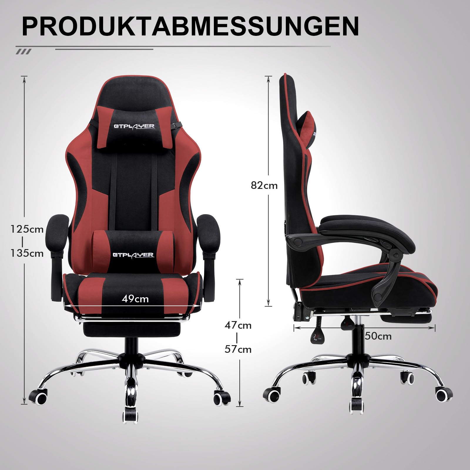 GTPLAYER Gaming Stuhl Stoff, Bürostuhl Massage Gaming Sessel Ergonomischer Gamer Stuhl mit Fußstütze, Kopfstütze Massage-Lendenkissen, Gepolstert Gaming Chair, Drehsessel, rot