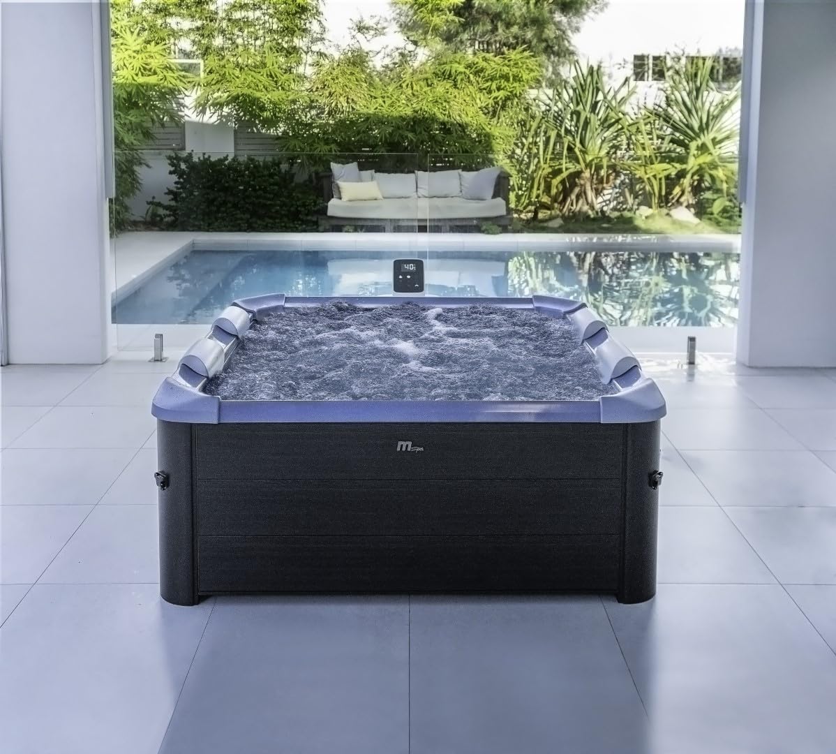 MSPA Oslo Saphire - 160 x 160 x 65 cm - Gonflable d'extérieur pour 6 Personnes avec 120 Jets de Massage, 8 Jets Hydro-Chauffage, Chauffage PTC, LED, désinfection à l'ozone et