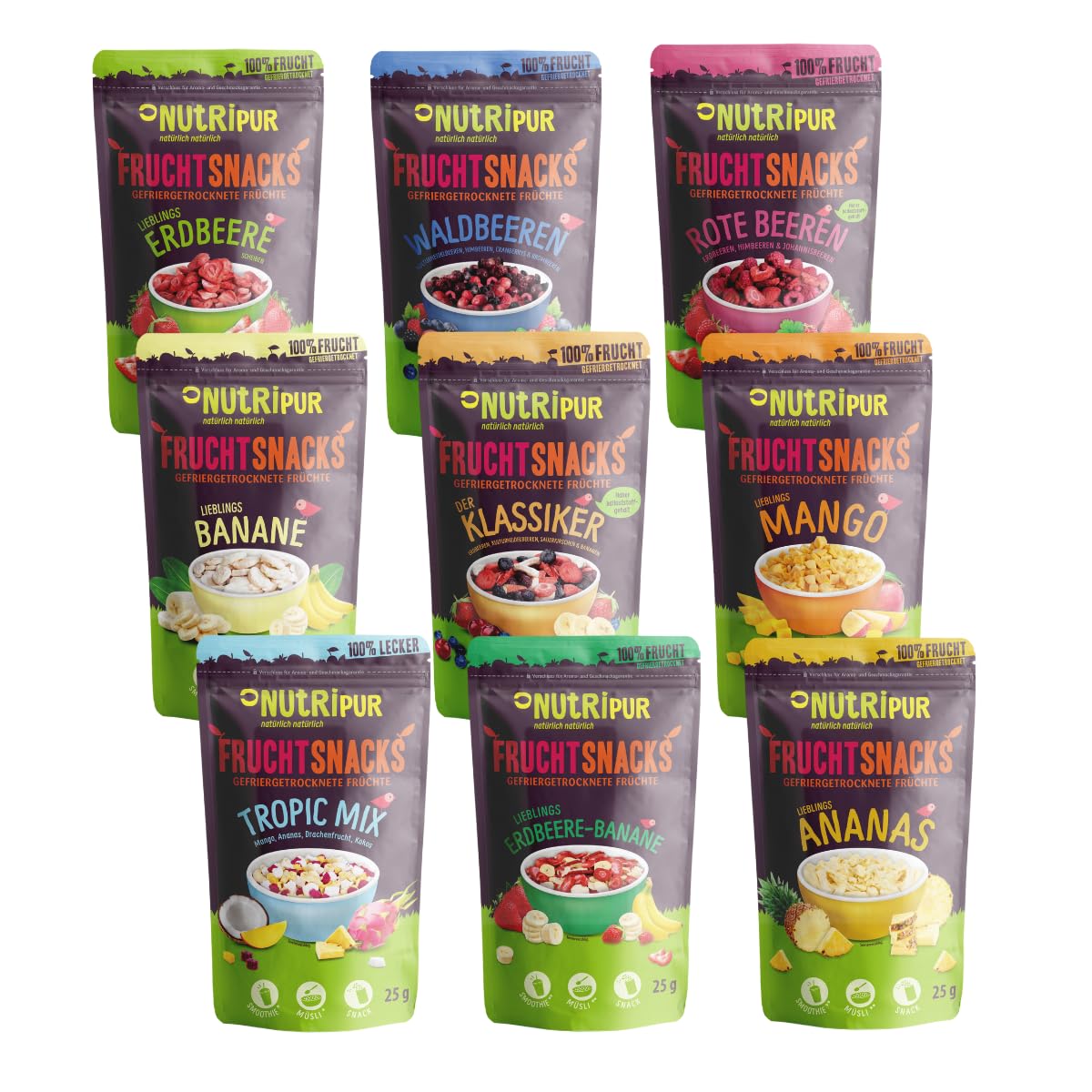 Gefriergetrocknete Früchte Probierset - getrocknete Früchte ungezuckert - Topping für Müsli, Porridge - Frucht Snacks - voller Geschmack - 225g von NutriPur