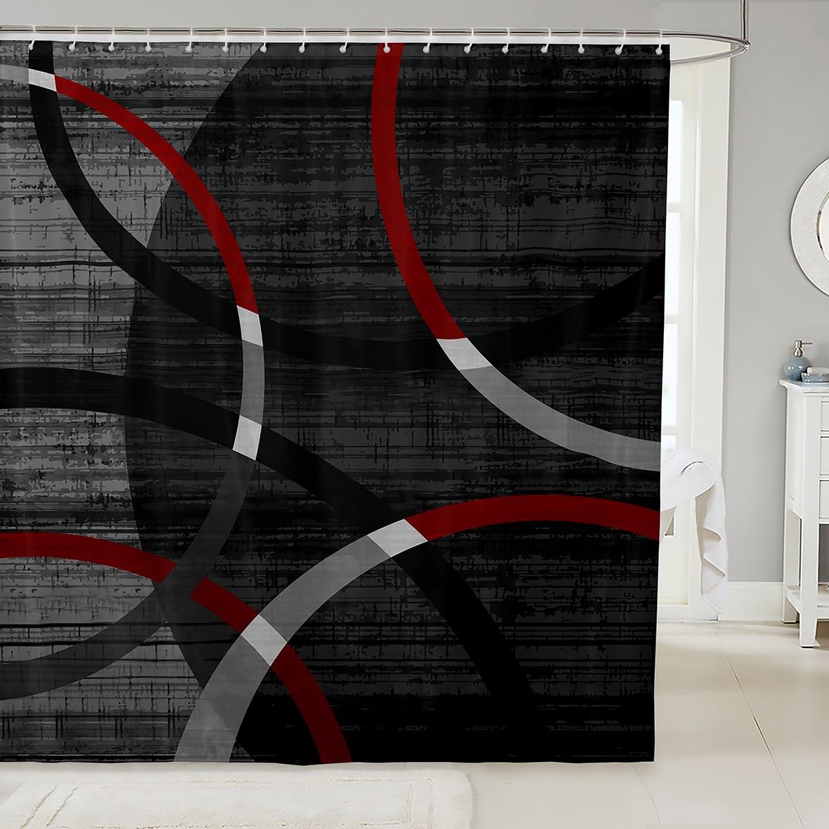 Castle Fairy Red Black Gray Shower Curtain Circle Line Bathroom Shower Curtain Set for Kids Adult Modern Simple Style Bath Curtain Swirls Art