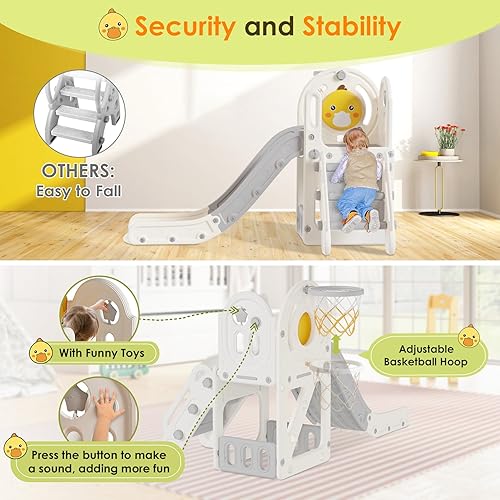 Miniatura 28 de BIERUM 7 in 1 Toddler Slide, L-Shaped Baby Slide for Toddlers Age 1-3 with Basketball Hoop, Ring Toss, Storage Space, Outdoor Indoor Slide Playset