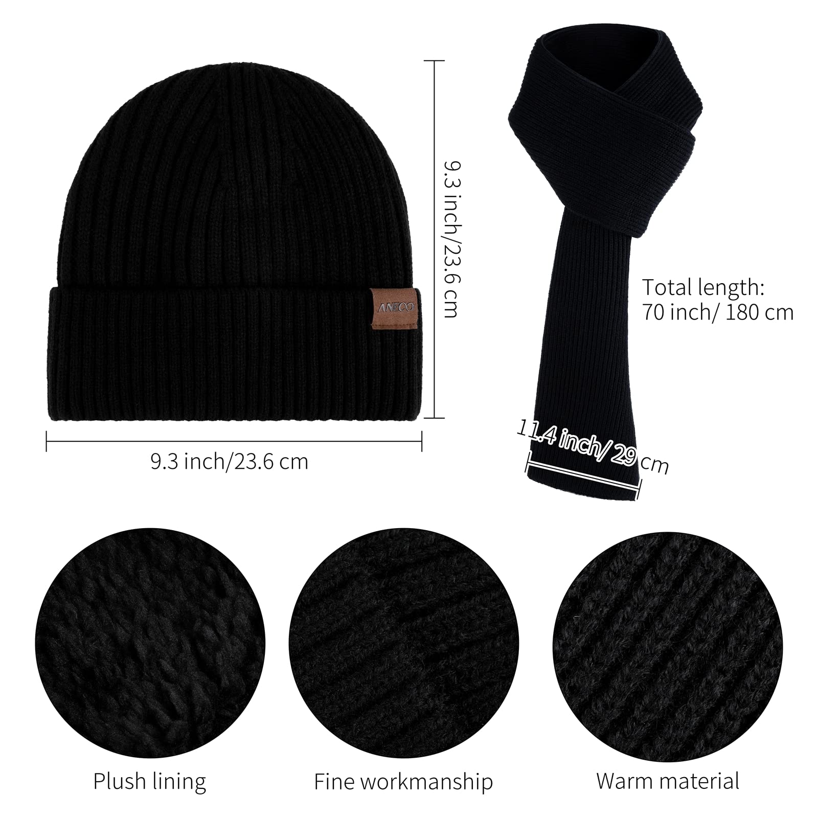 Aneco Guanti in maglia invernale per gli uomini sciarpa più calda cappello beanie paraorecchie termiche guanti touchscreen set per uomini donne