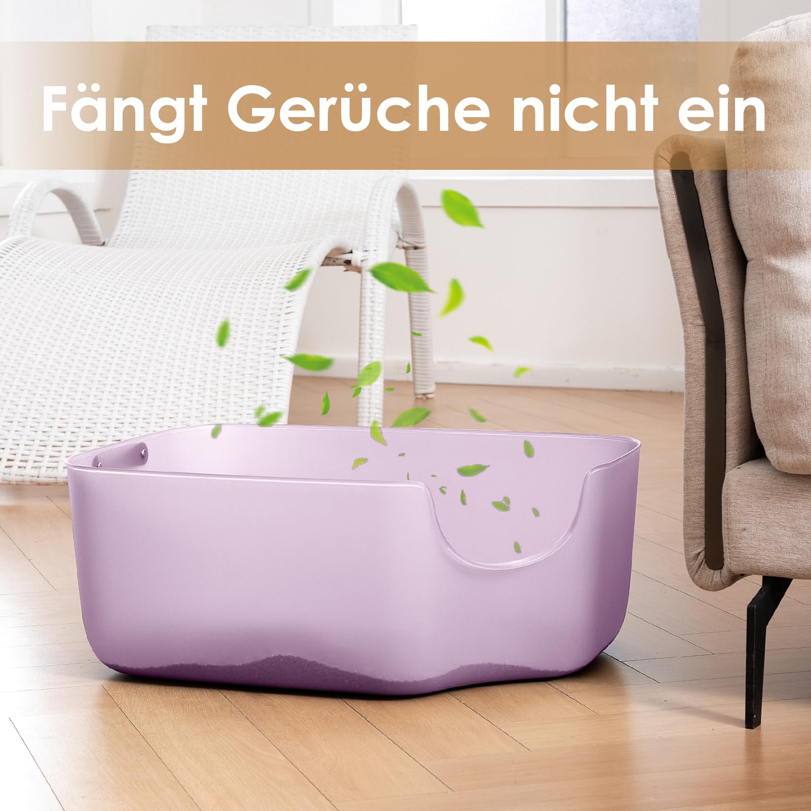 Katzentoilette, 56L x 42B x 22H cm Katzenklo mit Hohem Rand, Für Kleine und Mittelgroße Katzen, Katzentoilette mit Leder-Seitengriff & Streuschaufel, Transparentes Lila