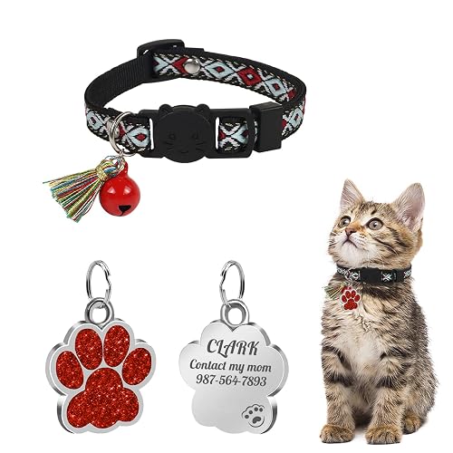 Uiopa Collar Gato con Chapas Personalizadas, Collar Gato Personalizado Antiahogo con Campana y Borla
