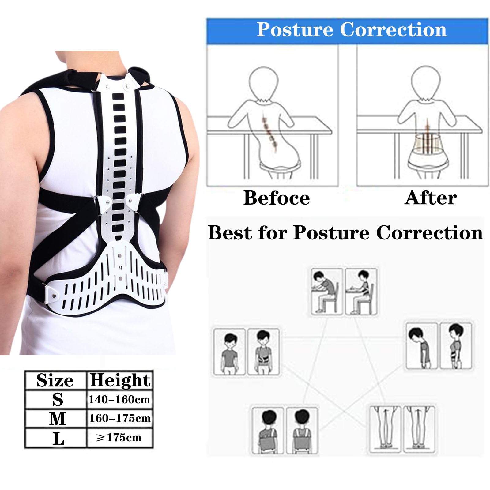 SFKLYU Corrector Postura Ajustable, Ortesis Ajustable para la Columna Vertebral, Corrector de Espalda para Joroba, Cifosis y Compresión Vertebral,M