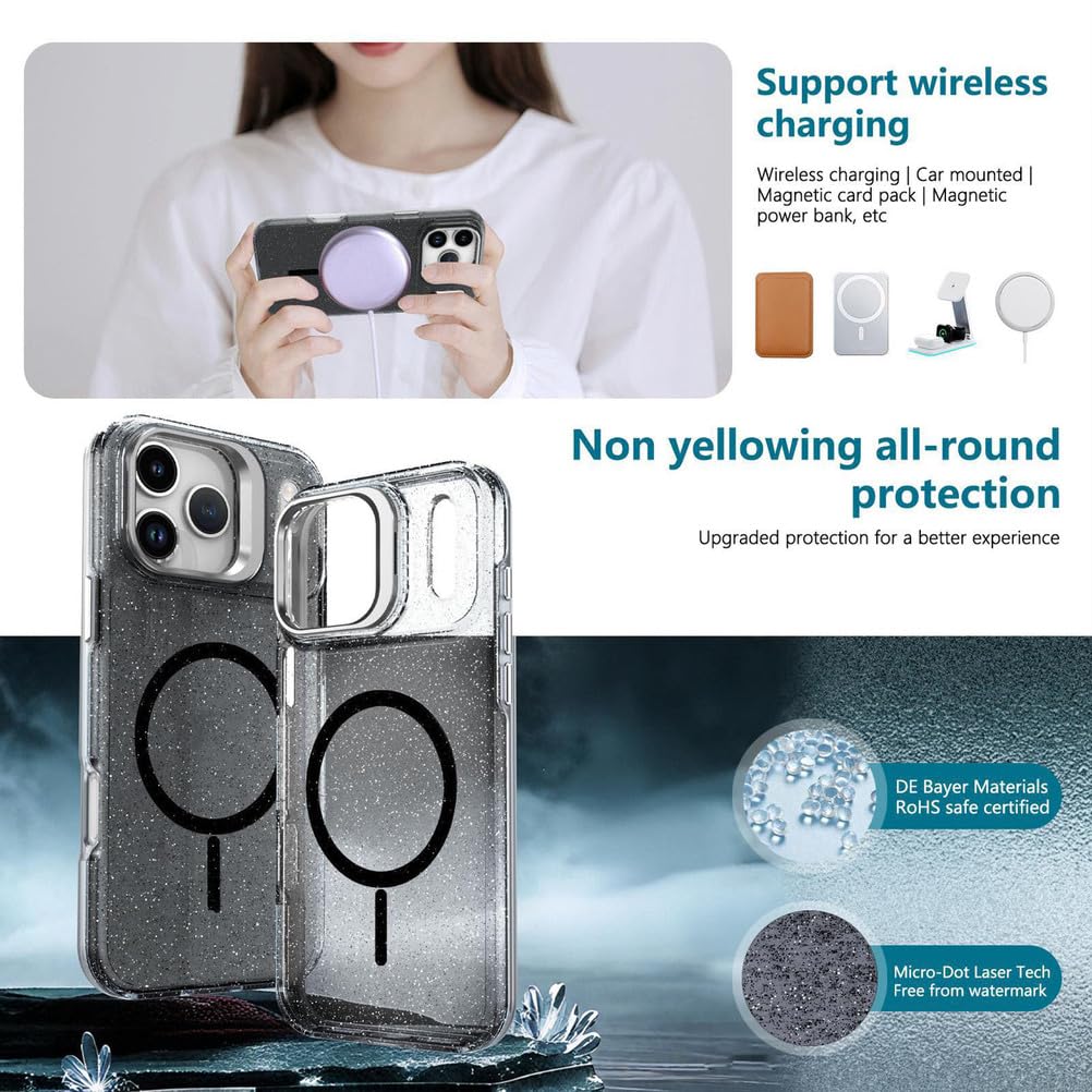 Magnetyczne etui do iPhone 17 Pro Max / 17 Pro / 17 Air/17, matowe etui na telefon komórkowy z klapką stojaka, brokatowe, stylowe, smukłe etui, czarne, 17 Pro