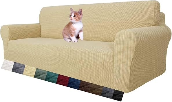 MAXIJIN Super Stretch Couch Cover for 3 Seater Couch, 1-Piece Universal Sofa Covers Living Room Jacquard Spandex Furniture Protector Dogs Pet Friendly Fitted Couch Slipcover (3 Seater, Beige)