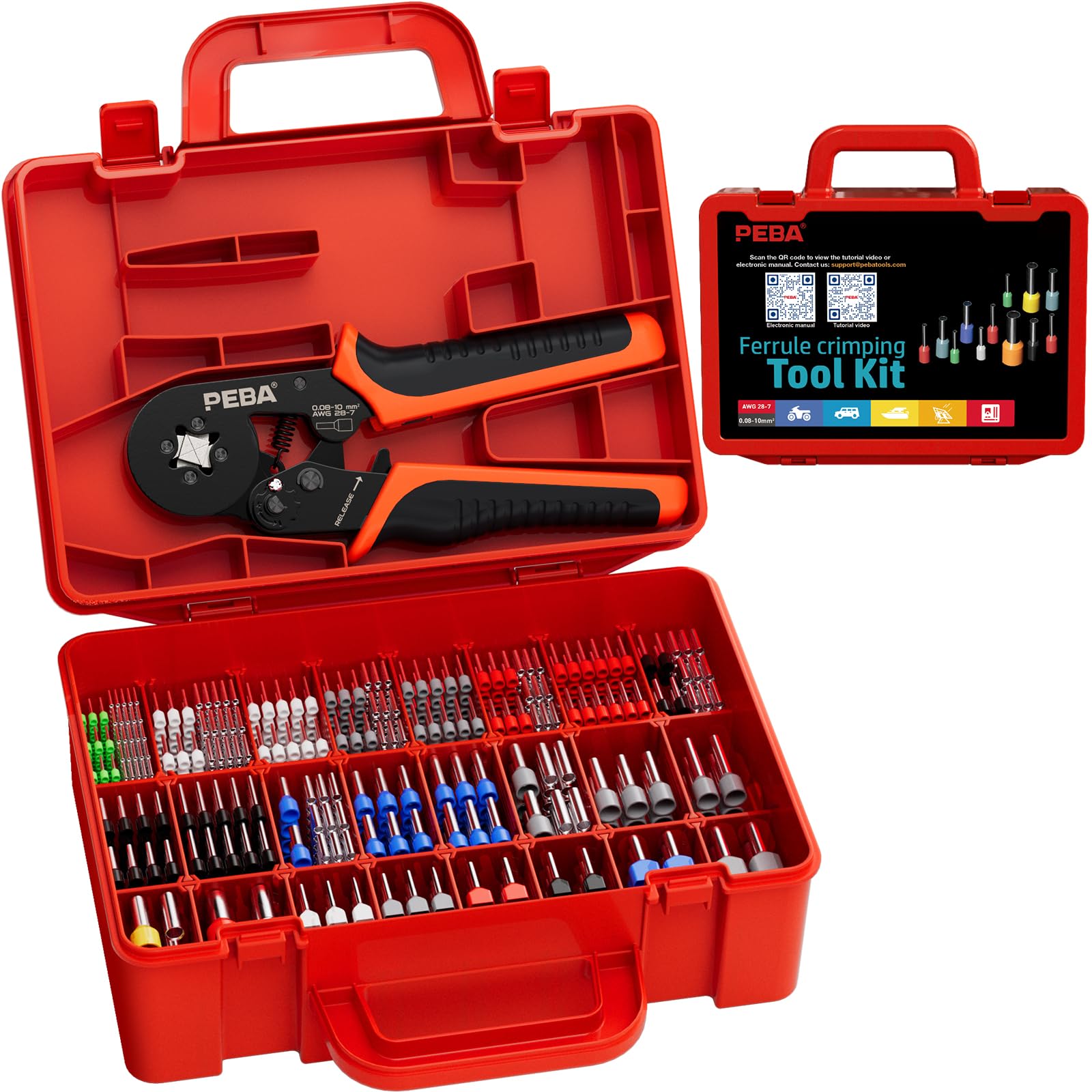 PEBA Aderendhülsenzange Set (0,08-10mm²), Profi Crimpzange mit 21/24/28/33 Größen Sortiment, DIN 46228 Kupfer-Terminals, Vierkant/Sechskant Pressung für Elektriker